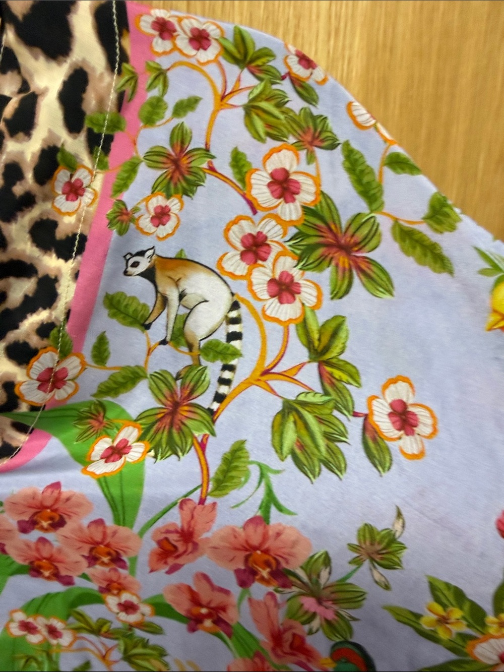 NWT Johnny Was 100% Silk Lavender Tropical Shirt with Leopard Trim - Picture 9 of 11